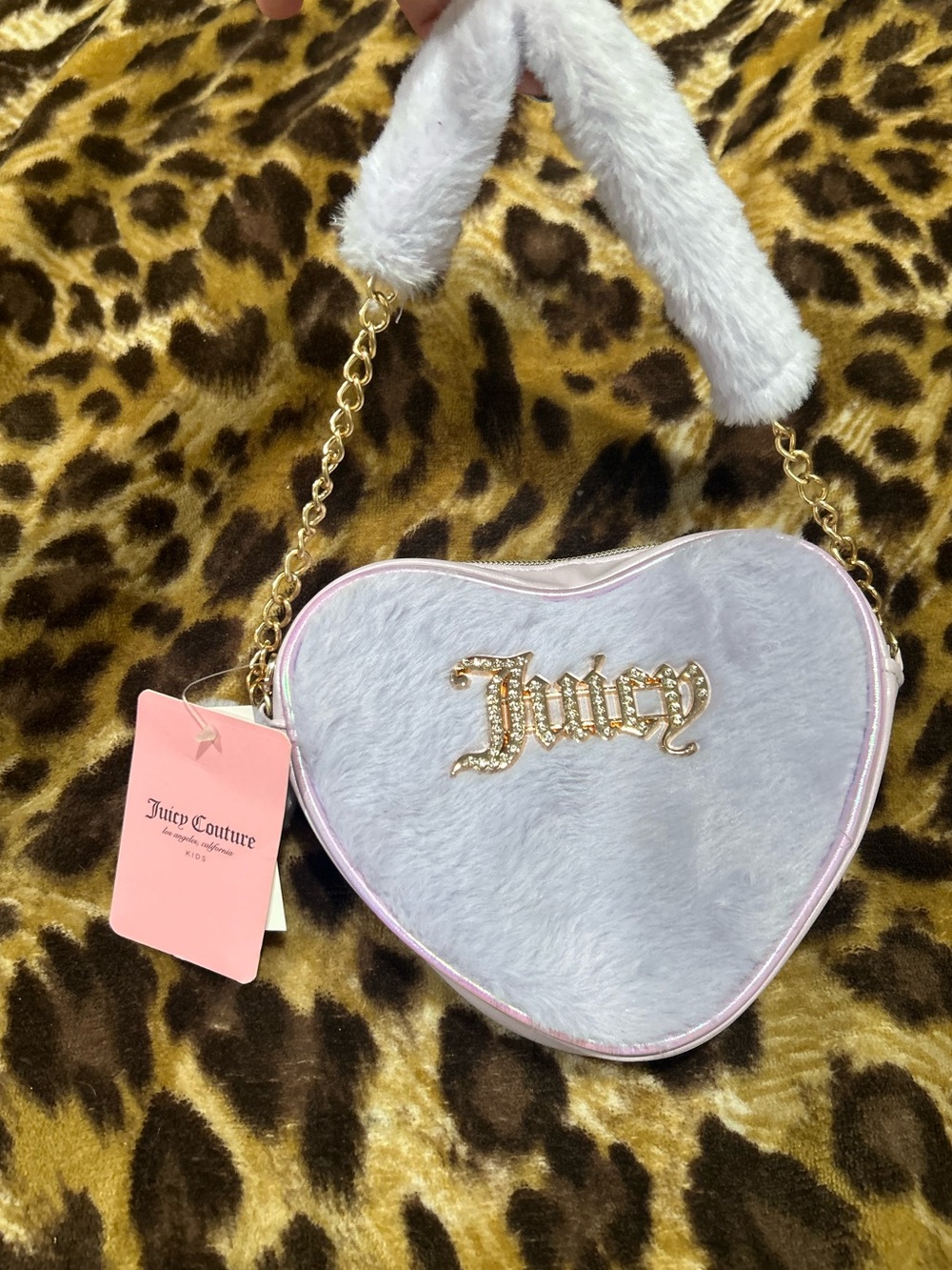Juicy Couture Lavender Faux Fur Heart Shoulder Bag with Gold Logo